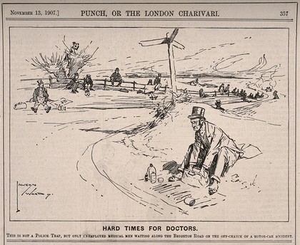 Many unemployed doctors sitting by the roadside waiting for a possible road accident and some work. Wood engraving by L. Wood, 1907.