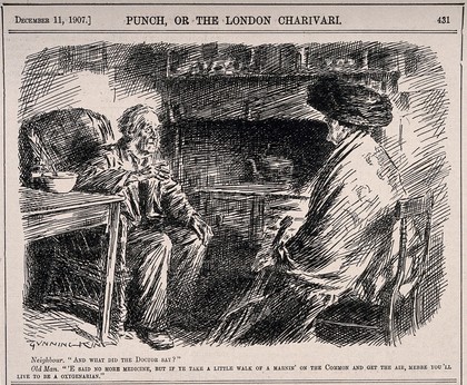 A neighbour checking on an old sick man and enquiring about what the doctor has said, the old man retorts that he has recommended exercise. Wood engraving by G. King, 1907.