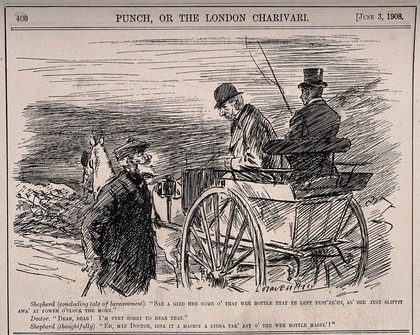 A Scottish shepherd telling a doctor on the roadside about the death of his wife and how glad he is that he didn't take any of the medicine the doctor had prescribed for his wife. Wood engraving after L. Raven-Hill, 1908.