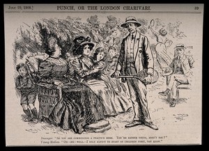 view A dowager commenting on a doctor's youth and perhaps inexperience, he retorts that he is learning on children. Wood engraving by G. Wallis-Mills?, 1908.