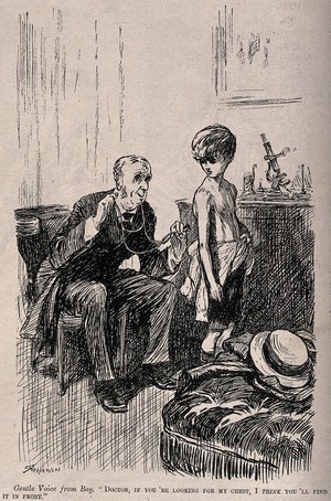 view A doctor applying a stethoscope to a boy's back when the boy expects him to examine his chest. Wood engraving after C.A. Shepperson, 1908.