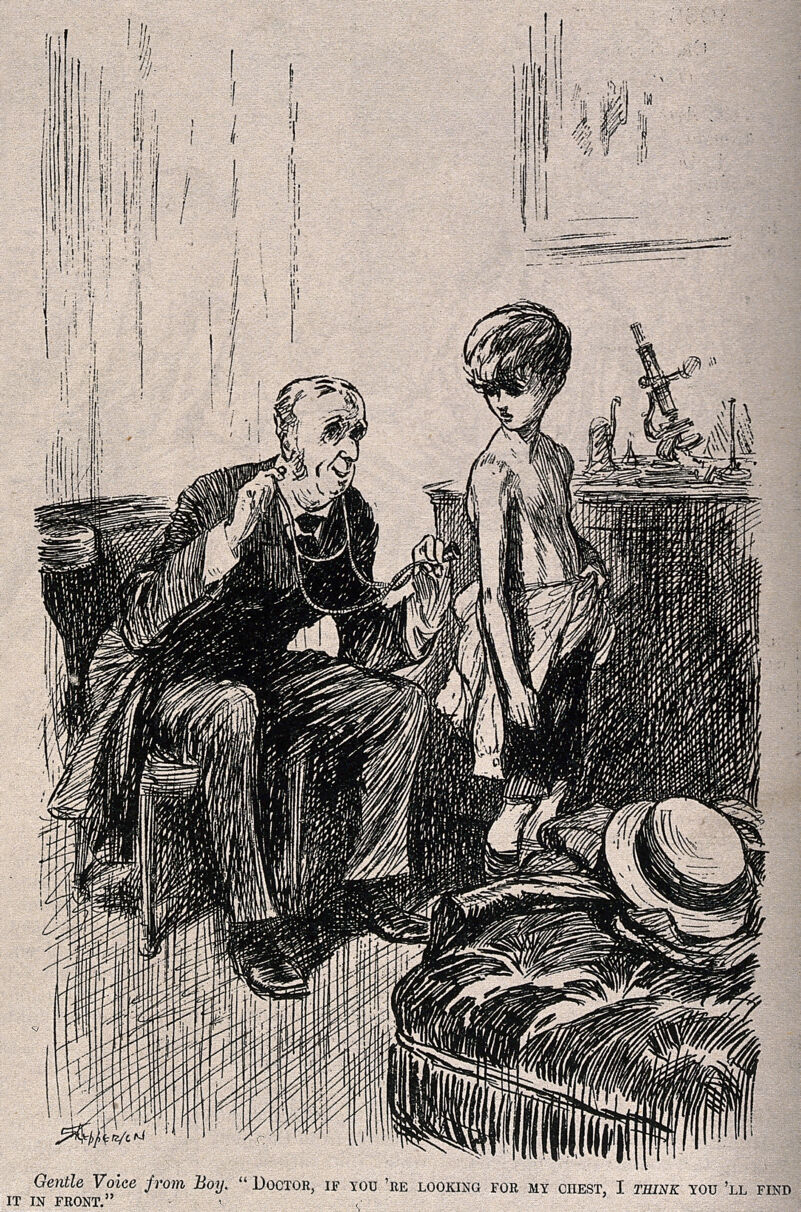 A doctor applying a stethoscope to a boy's back when the boy expects him to examine his chest. Wood engraving after C.A. Shepperson, 1908., 1909, by Claude Allin Shepperson