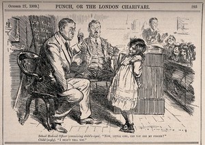 view A school medical officer trying to give a child an eye-test in front of a classroom of children. Wood engraving by F.H. Townsend, 1909.