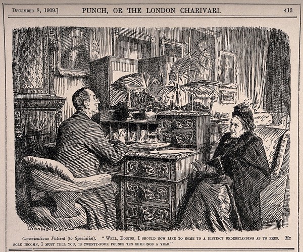 An old lady being frank about her financial situation with an affluent doctor. Wood engraving by G. King, 1909.