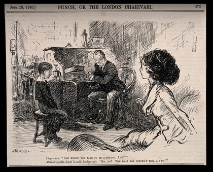 A doctor asking a child patient if he would like to follow a career in medicine when he was older, the child's mother retorts that he couldn't as he was unable to do anybody any harm. Wood engraving by C. Shepperson?, 1910.