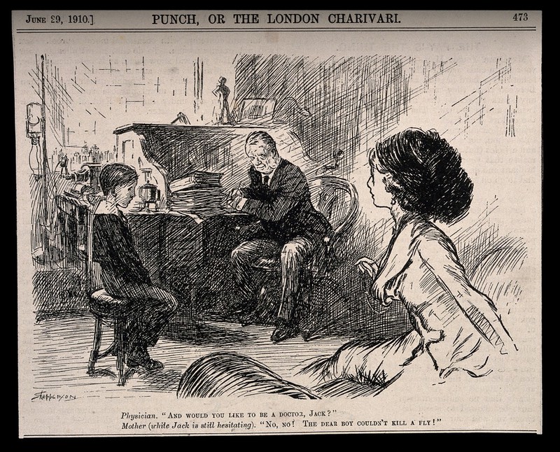 A doctor asking a child patient if he would like to follow a career in medicine when he was older, the child's mother retorts that he couldn't as he was unable to do anybody any harm. Wood engraving by C. Shepperson?, 1910., 1910, by Claude Allin Shepperson