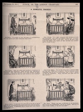 Six pictures of a man in bed with suspected appendicitis being visited by various members of his family, each with different advice. Wood engraving by A.T. Smith, 1911.