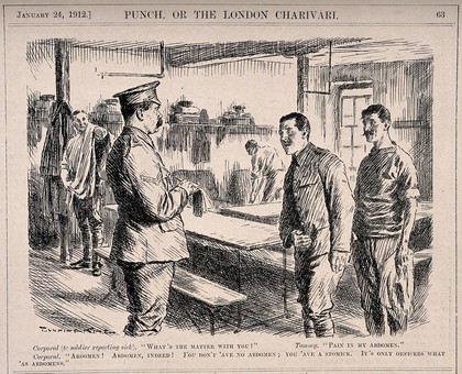 A soldier complaining of pain in his abdomen to a corporal, the corporal retorts that he has a stomach - only officers have abdomens. Wood engraving by Gunning King, 1912.