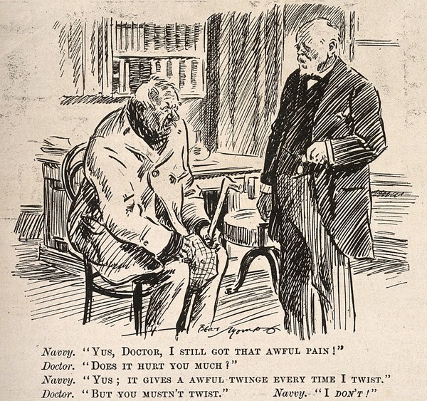 An old labourer consulting a doctor about his aches and pains. Wood engraving by B. Thomas, 1912.
