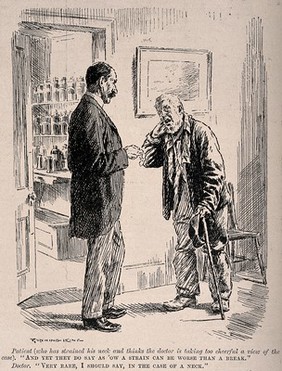 A patient trying to convince his unsympathetic doctor that a sprained neck is a worse condition than a broken one. Wood engraving by G. King, 1912.
