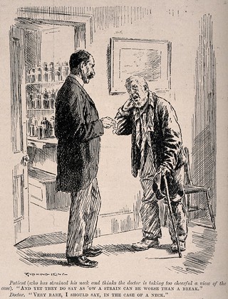 A patient trying to convince his unsympathetic doctor that a sprained neck is a worse condition than a broken one. Wood engraving by G. King, 1912.