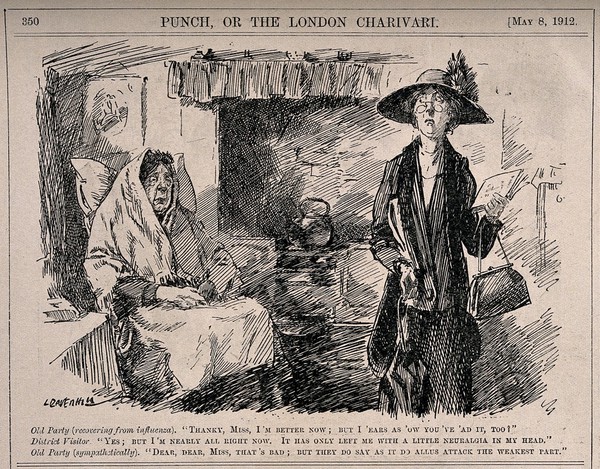 A convalescing old lady asking her health visitor if she has recovered from her bout of flu. Wood engraving by L. Raven-Hill, 1912.