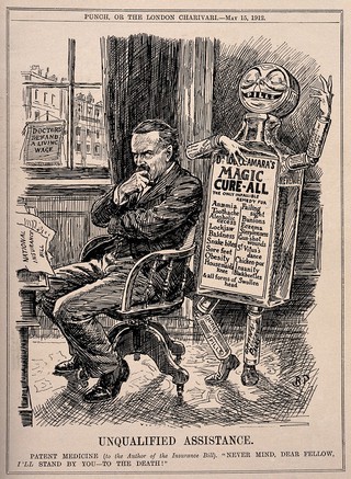 A figure comprised of medicine bottles and tablets, representing the patent medicine business, dances behind a pensive Lloyd George; representing attitudes to the introduction of the National Insurance Act of 1911. Wood engraving by B. Partridge, 1912.