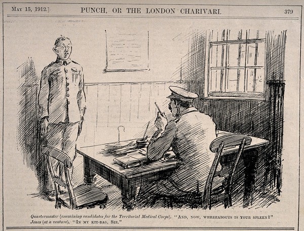 A soldier being interviewed for the medical corps who doesn't know where his spleen is. Wood engraving, 1912.