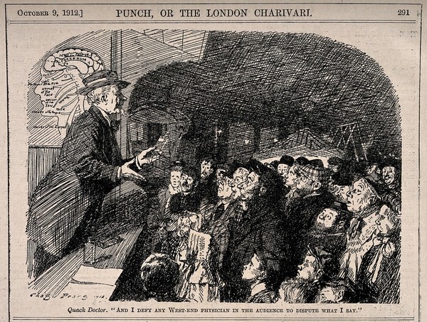 A medicine vendor selling to a crowd at a fair. Process print after C. Pears, 1912.