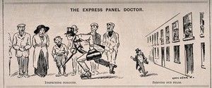 view A doctor skating past a group of people while inspecting their tongues and running down a street throwing pills to patients in houses. Wood engraving by E. Arthur, 1913.