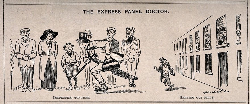 A doctor skating past a group of people while inspecting their tongues and running down a street throwing pills to patients in houses. Wood engraving by E. Arthur, 1913.