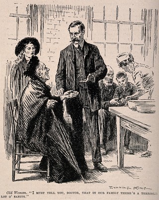 A doctor taking the pulse of an old lady who informs him that there is a lot of insanity in her family. Wood engraving by G. King, 1913.