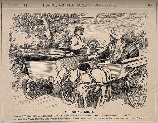 A doctor meets an old Scottish convalescent who bemoans the cost of health care. Wood engraving, 1914.