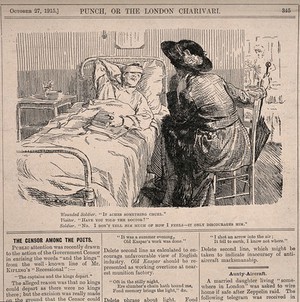 view A patient complains to a visitor that he does not discuss with his doctor how he feels for fear of discouraging him. Wood engraving by F.H. Townsend, 1915.