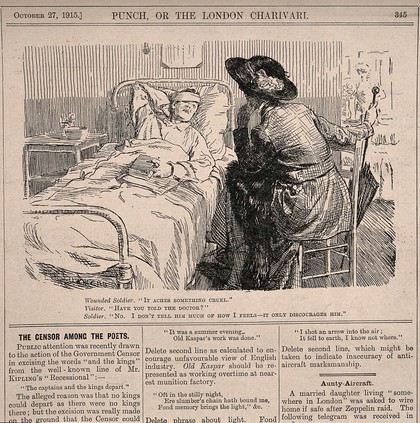 A patient complains to a visitor that he does not discuss with his doctor how he feels for fear of discouraging him. Wood engraving by F.H. Townsend, 1915.
