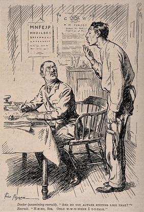 A doctor examines a military recruit suffering from a speech disorder. Wood engraving by F. Pegram, 1916.