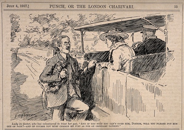 A lady instructs her doctor to treat her pet dog as he would a human patient. Reproduction of a drawing by G.D. Armour, 1917.