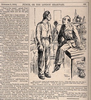 view A medical officer enquires as to the veracity of a Scot's weak heart. Line block after C. Graves, 1919.