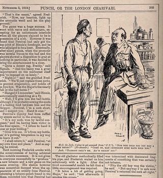 A medical officer enquires as to the veracity of a Scot's weak heart. Line block after C. Graves, 1919.