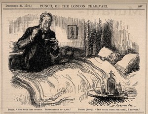 view A doctor takes the temperature of a gloomy patient. Reproduction of a drawing by G. Jennis, 1919.