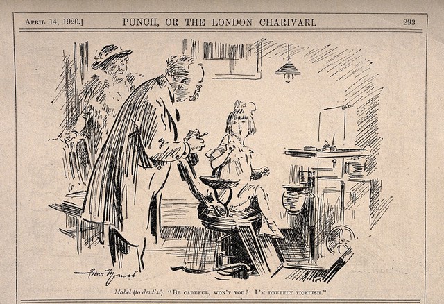 A Reluctant Girl Sits Down In The Dentist's Chair. Reproduction Of A ...