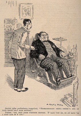 A dentist encounters a large, violent patient. Reproduction of a drawing by A. Wallis Mills, 1920.