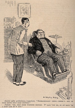 view A dentist encounters a large, violent patient. Reproduction of a drawing by A. Wallis Mills, 1920.