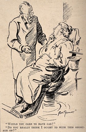 A dentist asking his patient if she would like gas, she retorts that she is not sure as there is a shortage on. Reproduction of a drawing after B. Thomas, 1921.