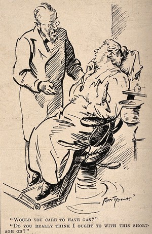 view A dentist asking his patient if she would like gas, she retorts that she is not sure as there is a shortage on. Reproduction of a drawing after B. Thomas, 1921.