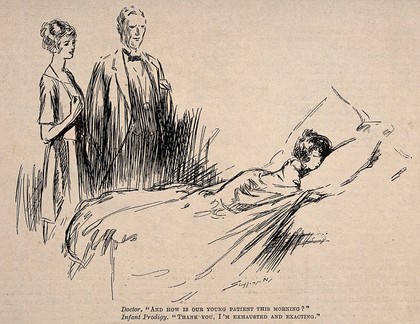 A doctor asks how his patient is feeling, the patient (a precocious child) retorts condescendingly. Reproduction of a drawing by C. A. Shepperson, 1921.