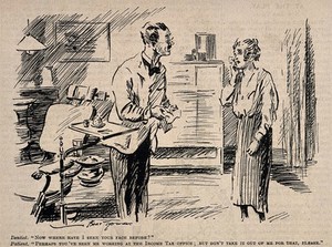 view A dentist recognizing a new patient from somewhere else, the patient (clutching her jaw) admits she works at the income tax office. Reproduction of a drawing by B. Thomas, 1921.