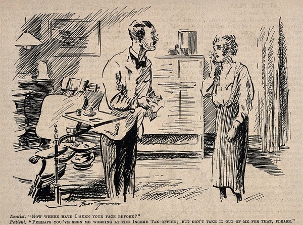 A dentist recognizing a new patient from somewhere else, the patient (clutching her jaw) admits she works at the income tax office. Reproduction of a drawing by B. Thomas, 1921.