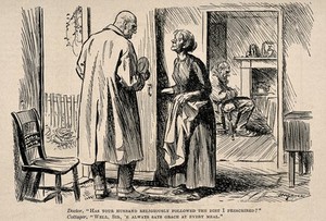 view A doctor and the wife of his patient talking at cross purposes. Reproduction of a drawing by H.M. Brock, 1921.
