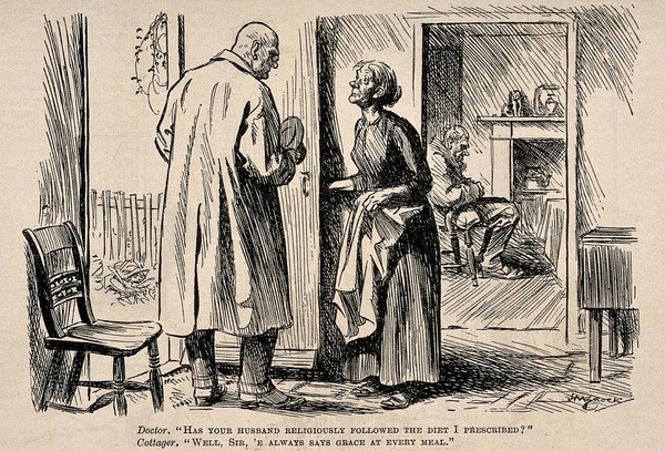 A doctor and the wife of his patient talking at cross purposes. Reproduction of a drawing by H.M. Brock, 1921.