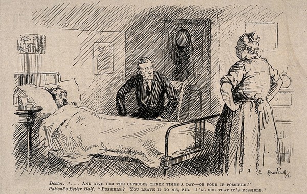 A doctor asking his patient's wife if she can possibly give the sick man some tablets, she retorts that she will make sure its possible. Reproduction of a drawing by A.E. Bestall, 1922.