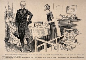 view A mother explaning to a doctor that her baby's medicine has been used up quickly because the whole family tried it - to encourage baby to take some. Reproduction of a drawing by B. Prance, 1923.