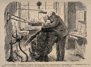 view A dentist telling his patient in the middle of an operation that he has nothing to fear from revolutions as dentists are always spared. Reproduction of a drawing after L. Raven-Hill, 1924.