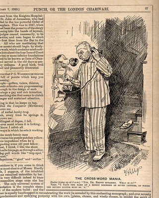 A crossword fanatic ringing up a doctor in the middle of the night to find the answer to a clue. Line block after D.L. Ghilchilp, 1925.