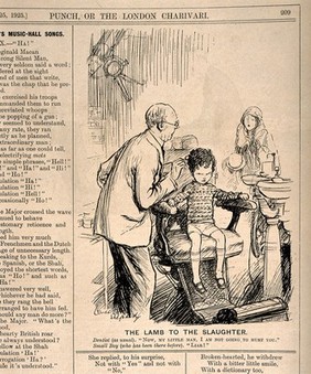 A dentist trying to persuade a little boy that he is not going to hurt him, the child is not convinced. Reproduction after a drawing by E.H. Shepard, 1925.