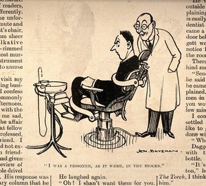 view A man strapped into a dentist's chair with the dentist looking on. Process print after H.M. Bateman, 1925.