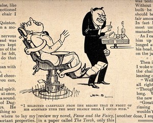 view A dentist being restrained in a chair, and terrified by a patient who is attempting to get his own back.Process print after H.M. Bateman, 1925.