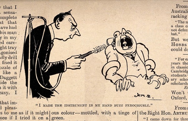 A dentist strapped into his own chair being terrorized by a patient holding a buzzing drill. Process print after H.M. Bateman, 1925.