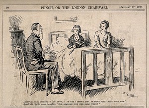 view A doctor attempting to talk to an ill child and being completely misunderstood. Reproduction of a drawing after L. Baumer, 1926.