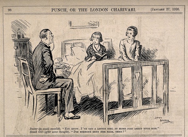 A doctor attempting to talk to an ill child and being completely misunderstood. Reproduction of a drawing after L. Baumer, 1926.